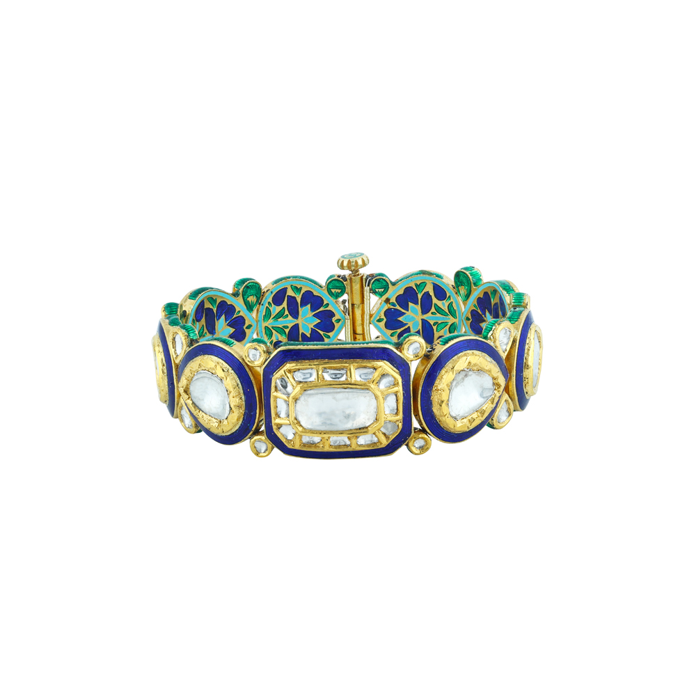 Polki Bracelet with Blue Enamel and Pear-Rectangle Motifs